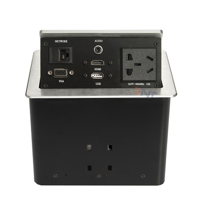 Tavolo conferenze di alluminio argento con prese pop-up con 2 USB, 2 reti