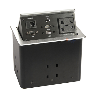 Tavolo conferenze di alluminio argento con prese pop-up con 2 USB, 2 reti