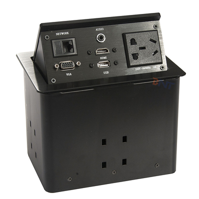 Tavolo conferenze di alluminio argento con prese pop-up con 2 USB, 2 reti
