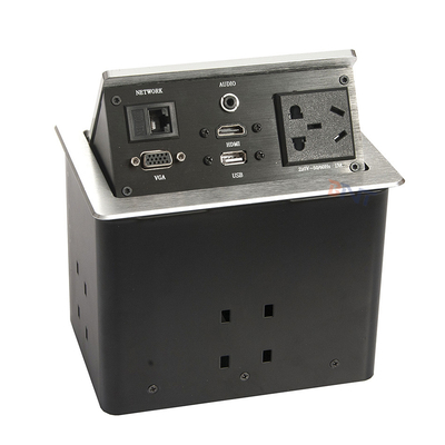 Tavolo conferenze di alluminio argento con prese pop-up con 2 USB, 2 reti