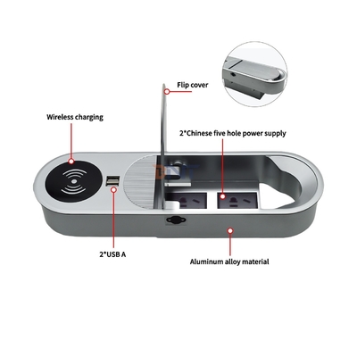 Presa di corrente da scrivania multifunzione con 2 uscite di ricarica AC e 2 USB A e caricatore wireless