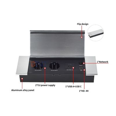 Presa da scrivania con design a scomparsa, con 2 prese EUAC, USB A+C, HDMI e rete