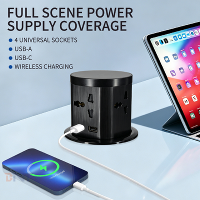 Presa a scomparsa con foro da 85 mm, 4 prese universali AC, porte USB A e Type C, 16 A, 110-220 V, finitura spazzolata in PC, cavo da 1,5 m