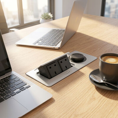 Presa di corrente pop-up in vendita, unità di distribuzione di corrente desktop con ricarica wireless duale standard UK da 15W per la comodità del desktop