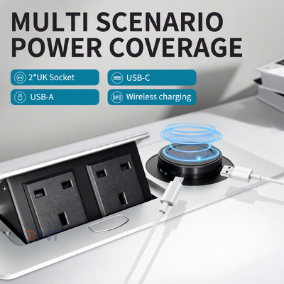 Presa di corrente pop-up in vendita, unità di distribuzione di corrente desktop con ricarica wireless duale standard UK da 15W per la comodità del desktop