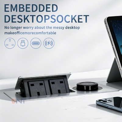 Presa di corrente pop-up in vendita, unità di distribuzione di corrente desktop con ricarica wireless duale standard UK da 15W per la comodità del desktop